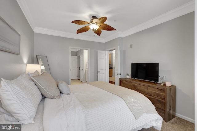 bedroom featuring crown molding, baseboards, a ceiling fan, and light colored carpet