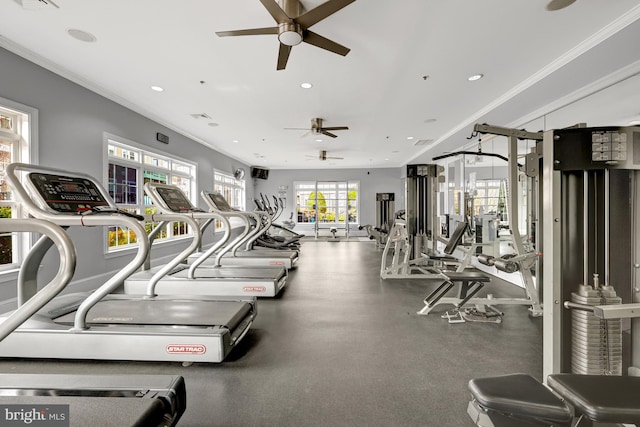 exercise room with ceiling fan, crown molding, and recessed lighting