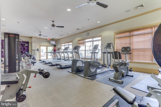 gym featuring carpet floors, recessed lighting, visible vents, and ornamental molding