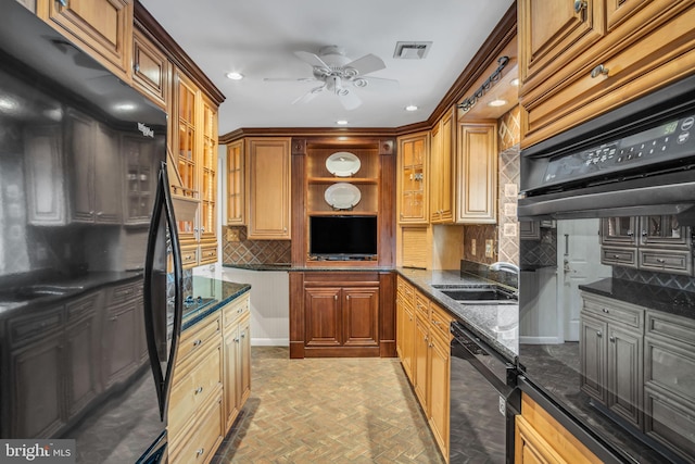 kitchen featuring open shelves, tasteful backsplash, visible vents, a sink, and dishwashing machine