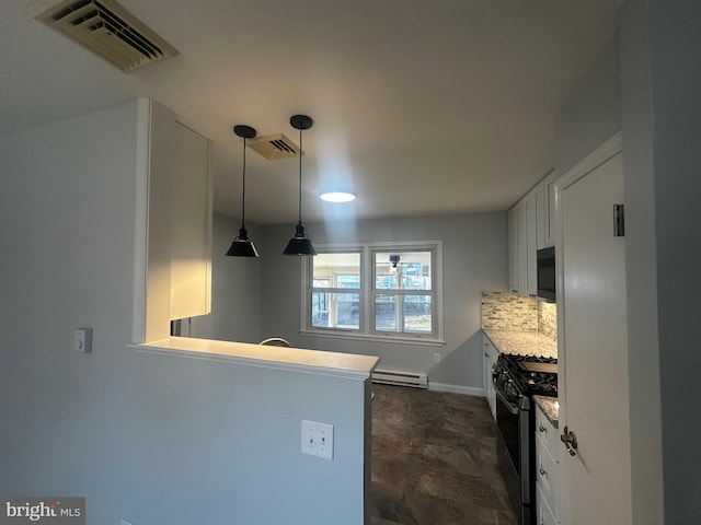 kitchen featuring stainless steel gas stove, a baseboard radiator, backsplash, and visible vents