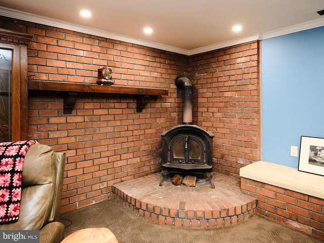 room details featuring a wood stove, ornamental molding, and recessed lighting