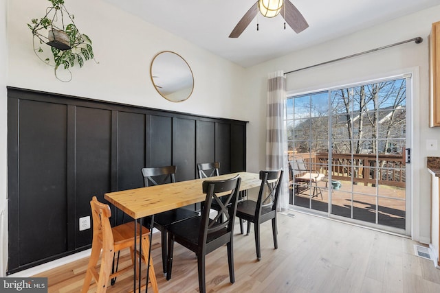 dining room featuring ceiling fan, visible vents, and light wood-style floors