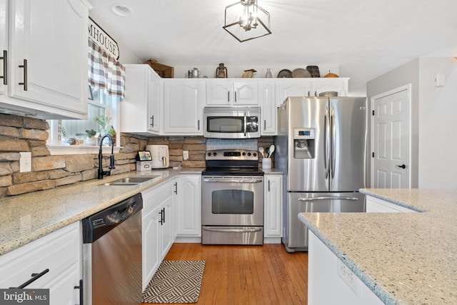 kitchen with appliances with stainless steel finishes, white cabinets, a sink, and tasteful backsplash