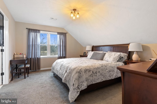 bedroom featuring a notable chandelier, light colored carpet, visible vents, baseboards, and vaulted ceiling