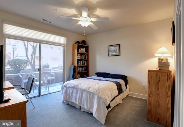 bedroom featuring baseboards, visible vents, a ceiling fan, access to exterior, and dark colored carpet