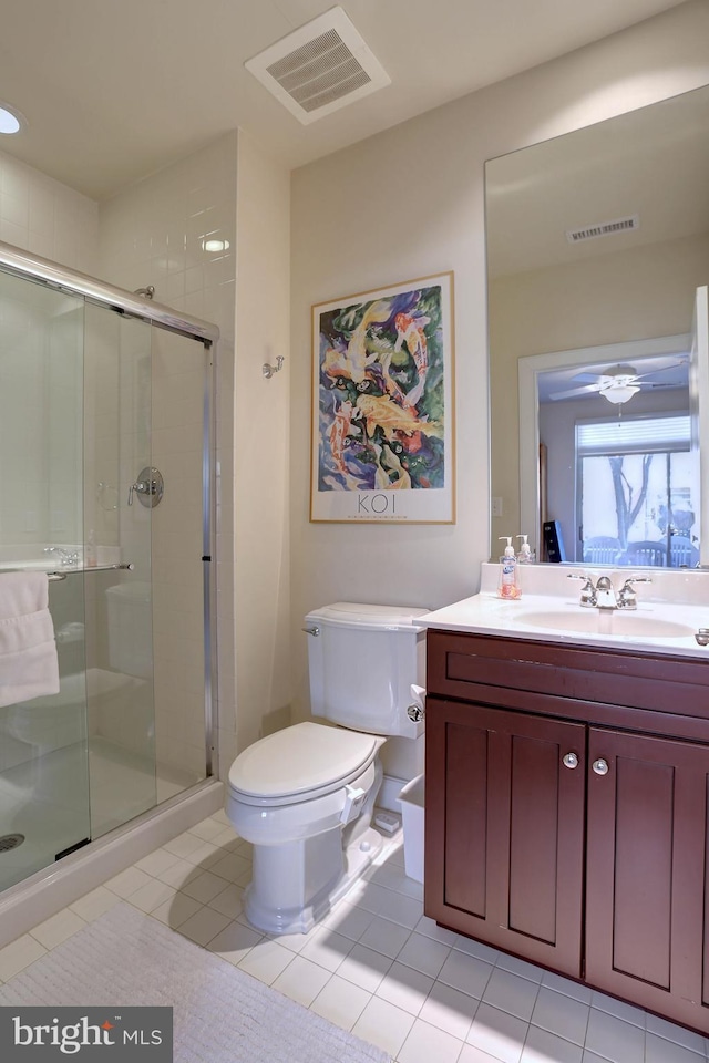 bathroom featuring toilet, a shower stall, visible vents, and tile patterned floors