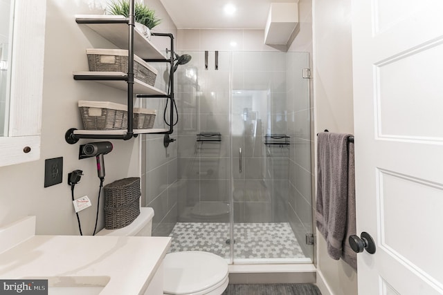 bathroom with a shower stall, toilet, and vanity