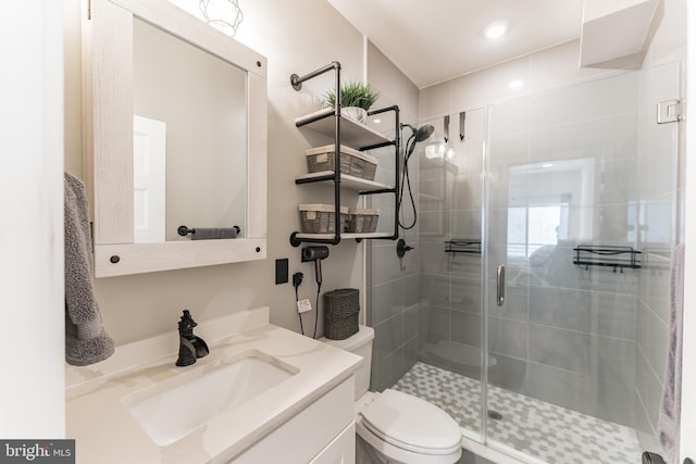 bathroom featuring toilet, a shower stall, and vanity