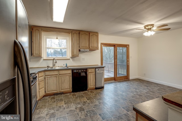 kitchen with visible vents, baseboards, stone finish floor, stainless steel appliances, and a sink