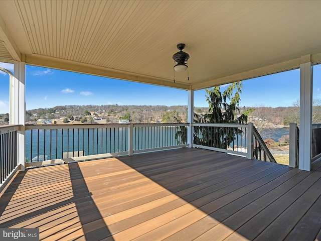 wooden deck with a water view and ceiling fan