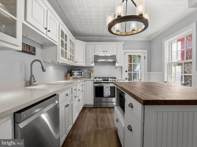 kitchen featuring an ornate ceiling, butcher block counters, appliances with stainless steel finishes, under cabinet range hood, and a sink