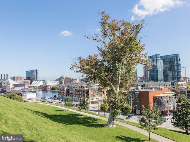 view of community with a yard, a water view, and a city view