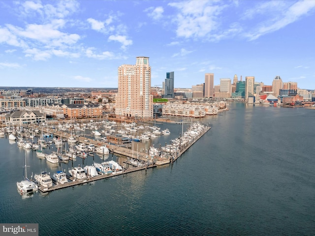 birds eye view of property with a water view and a view of city