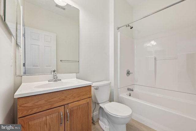 full bath featuring visible vents, shower / bathing tub combination, toilet, vanity, and tile patterned floors