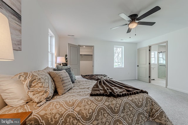 carpeted bedroom with visible vents, baseboards, a ceiling fan, ensuite bath, and a walk in closet