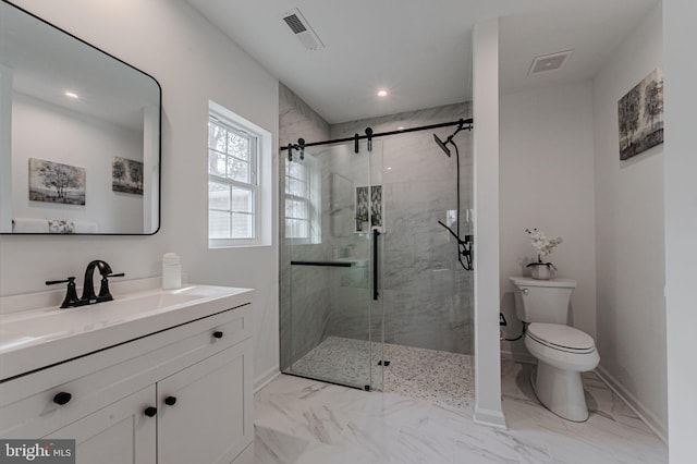 full bathroom featuring marble finish floor, visible vents, and a stall shower