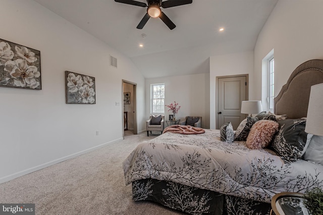 carpeted bedroom with recessed lighting, a ceiling fan, visible vents, vaulted ceiling, and baseboards