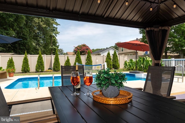 view of pool featuring a fenced backyard, outdoor dining area, and a fenced in pool