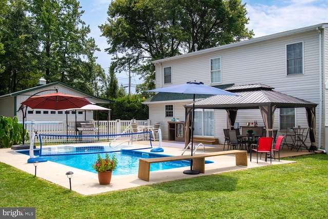 view of pool featuring a fenced in pool, a lawn, a gazebo, a patio area, and fence