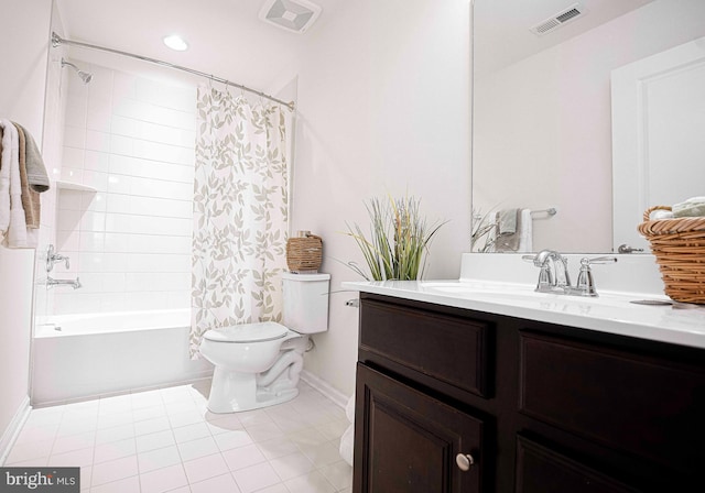 full bath featuring vanity, shower / tub combo, toilet, and visible vents