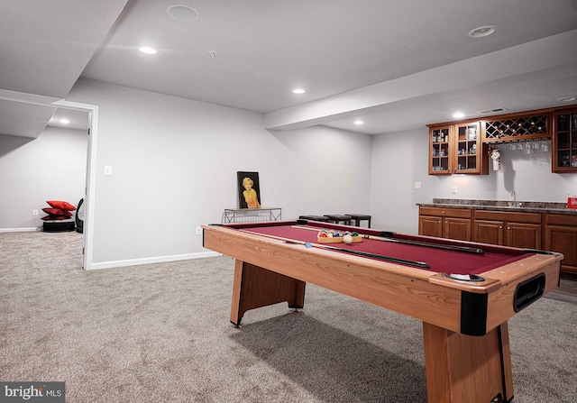 recreation room with recessed lighting, carpet, pool table, indoor wet bar, and baseboards