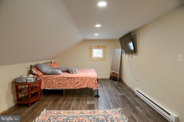 bedroom featuring vaulted ceiling, baseboard heating, dark wood-type flooring, and recessed lighting