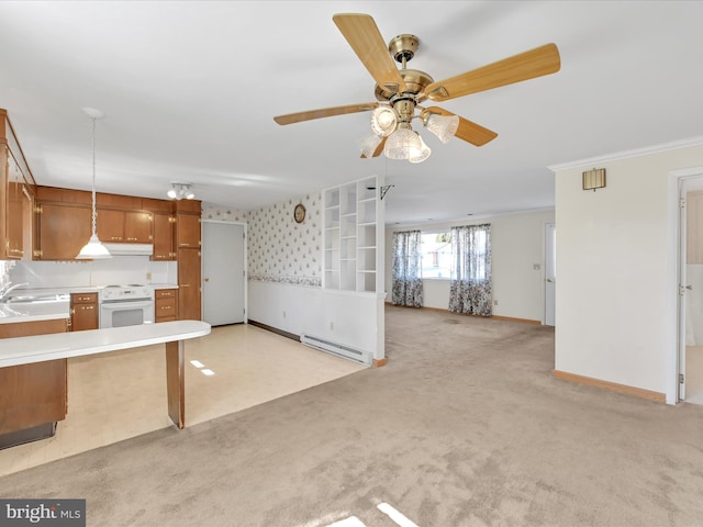 kitchen featuring light carpet, open floor plan, light countertops, brown cabinets, and white range with electric cooktop