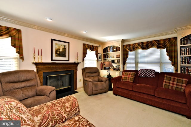 living room featuring light carpet, ornamental molding, and a fireplace with flush hearth