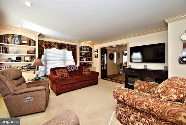 living area featuring light carpet and crown molding