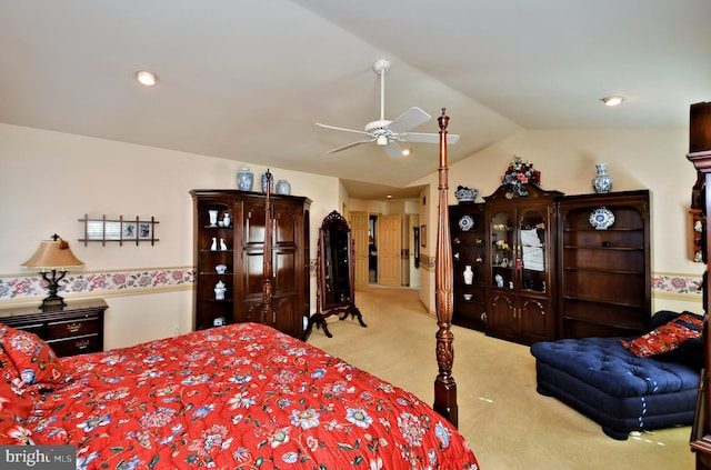 bedroom featuring recessed lighting, light carpet, vaulted ceiling, and ceiling fan