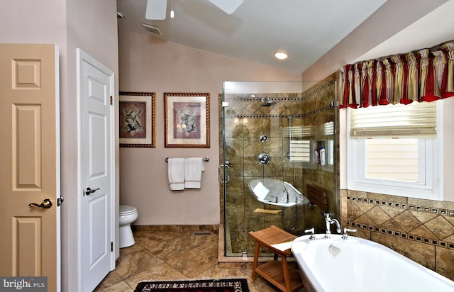 full bath featuring lofted ceiling, a washtub, toilet, visible vents, and a stall shower