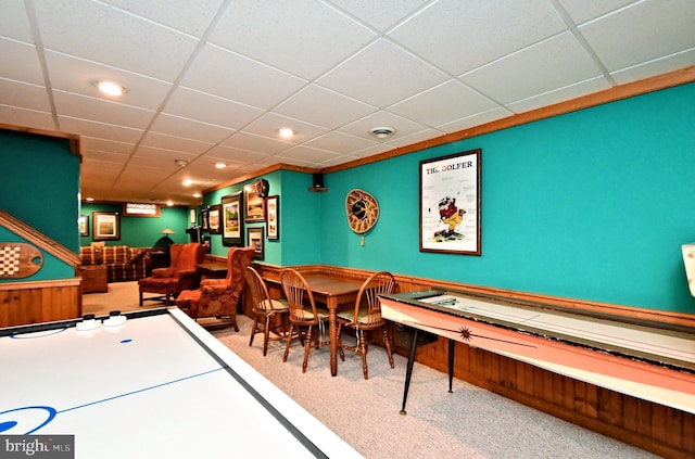 rec room featuring carpet floors, a paneled ceiling, visible vents, and recessed lighting