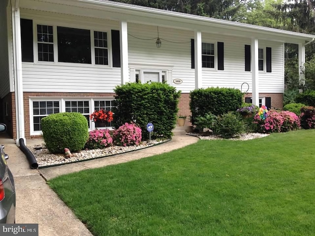 raised ranch with a front yard and brick siding