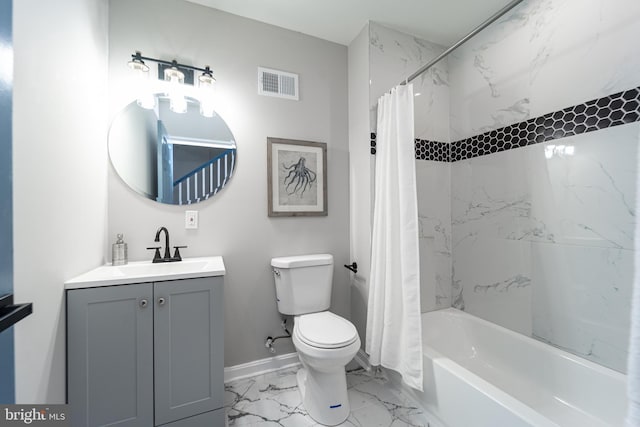 bathroom with toilet, vanity, visible vents, marble finish floor, and shower / tub combo with curtain