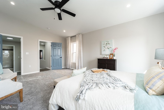 carpeted bedroom with lofted ceiling, baseboards, a ceiling fan, and recessed lighting