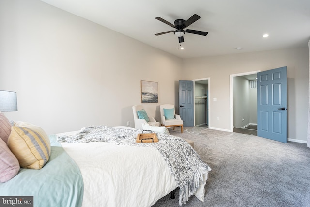 bedroom with lofted ceiling, recessed lighting, carpet flooring, a ceiling fan, and baseboards