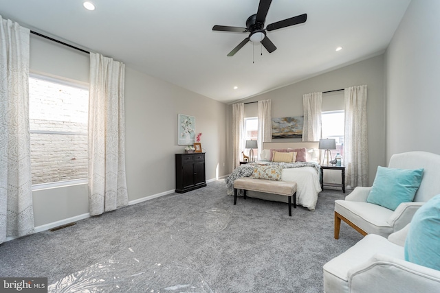 carpeted bedroom with baseboards, visible vents, ceiling fan, vaulted ceiling, and recessed lighting