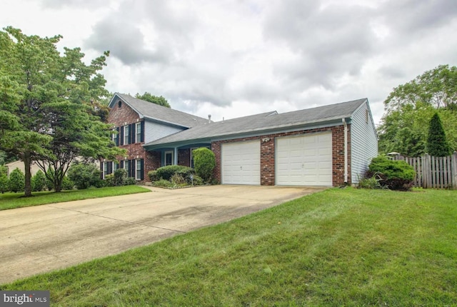 view of front of home with brick siding, concrete driveway, fence, a garage, and a front lawn