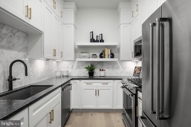 kitchen featuring white cabinetry, a sink, decorative backsplash, and high quality appliances