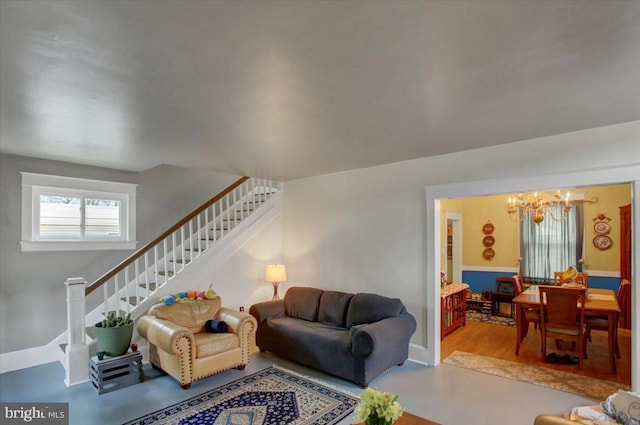 17035 Virginia Ave, Williamsport, MD 21795 - living room with a notable chandelier and stairs