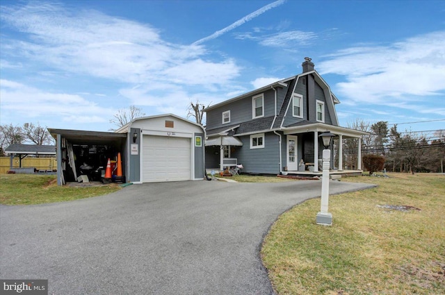 17035 Virginia Ave, Williamsport, MD 21795 - colonial inspired home featuring a front yard, covered porch, a garage, aphalt driveway, and a chimney