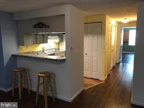 kitchen with a peninsula, baseboards, dark wood finished floors, and a breakfast bar area