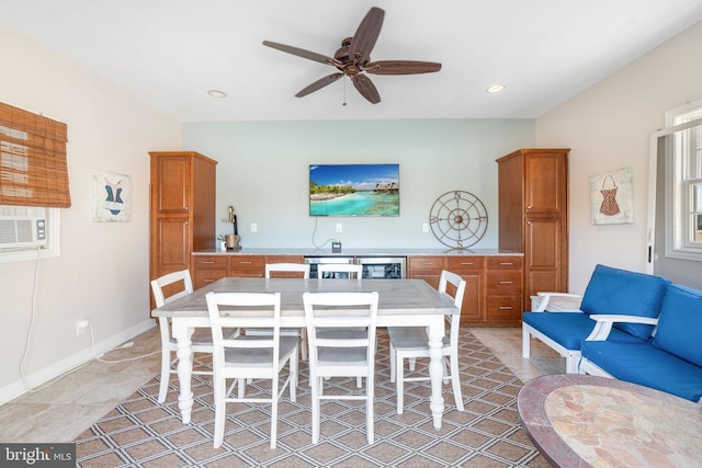 dining room featuring wine cooler, light tile patterned floors, recessed lighting, a ceiling fan, and baseboards