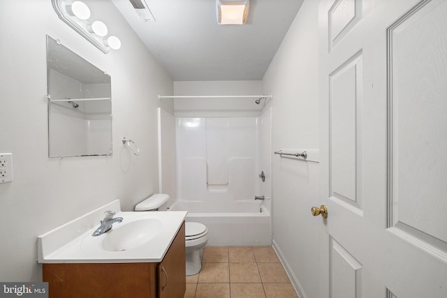 full bathroom with visible vents, toilet, tile patterned floors, bathtub / shower combination, and vanity