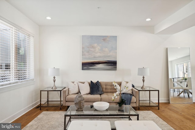 living area featuring recessed lighting, baseboards, and wood finished floors