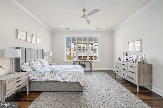 bedroom with dark wood finished floors, crown molding, baseboards, and recessed lighting