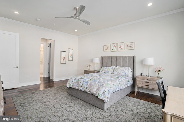 bedroom with dark wood-style floors, baseboards, ornamental molding, and recessed lighting