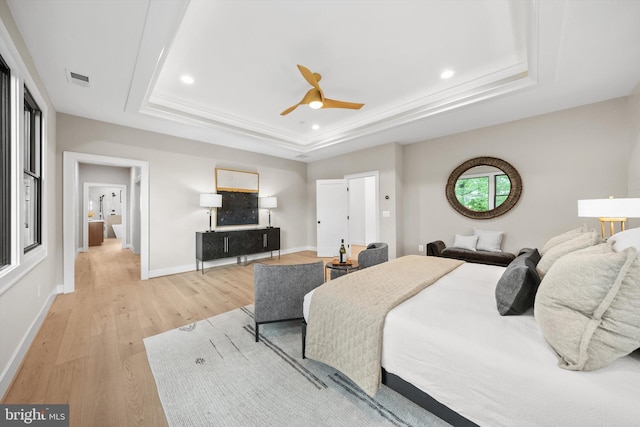 6807 29th St N, Arlington, VA 22213 - bedroom with a raised ceiling, light wood finished floors, recessed lighting, and ceiling fan