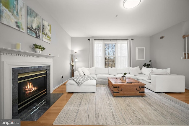 living area with a premium fireplace and light wood-type flooring